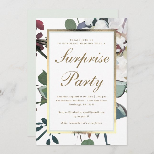 Floral with Faux Gold Frame Surprise Party Invitation (Front/Back)