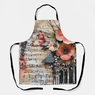 Floral with Rustic Piano Keys & Aged Music Sheet 1 Apron