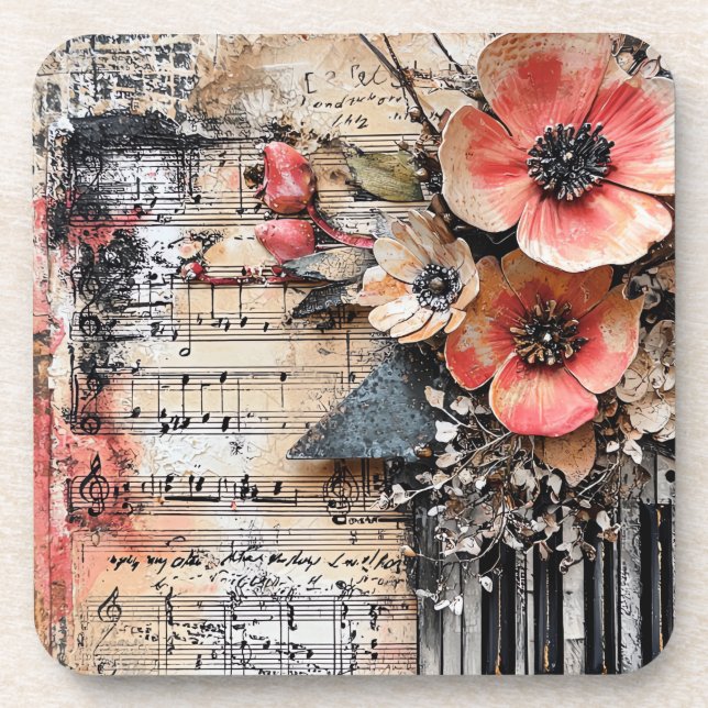 Floral with Rustic Piano Keys & Aged Music Sheet 1 Coaster (Front)