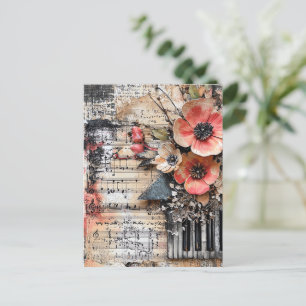 Floral with Rustic Piano Keys & Aged Music Sheet 1 Postcard
