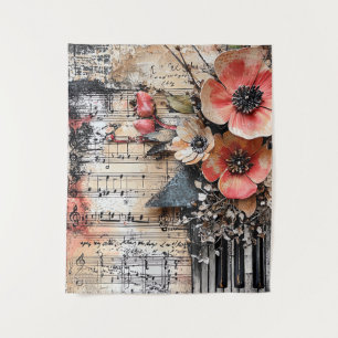 Floral with Rustic Piano Keys & Aged Music Sheet 1 Tapestry