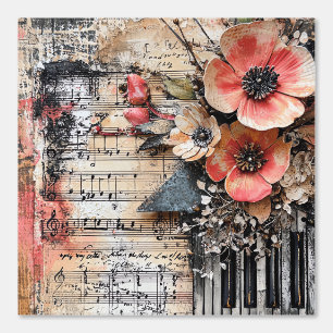 Floral with Rustic Piano Keys & Aged Music Sheet 1 Wallpaper