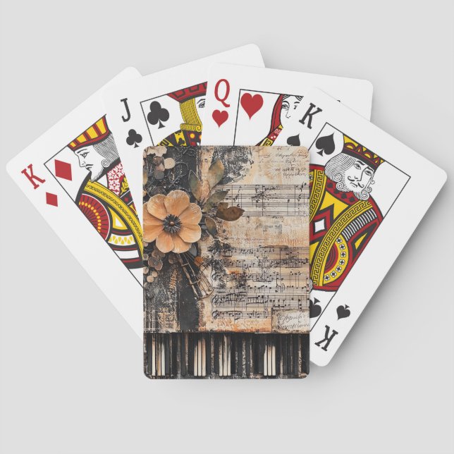 Floral with Rustic Piano Keys & Aged Music Sheet 2 Playing Cards (Back)