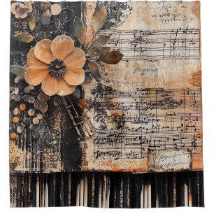 Floral with Rustic Piano Keys & Aged Music Sheet 2 Shower Curtain