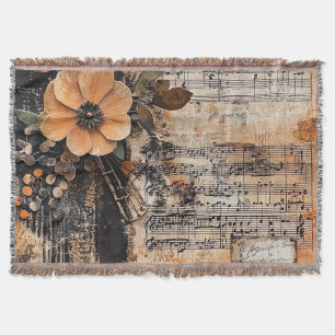 Floral with Rustic Piano Keys & Aged Music Sheet 2 Throw Blanket