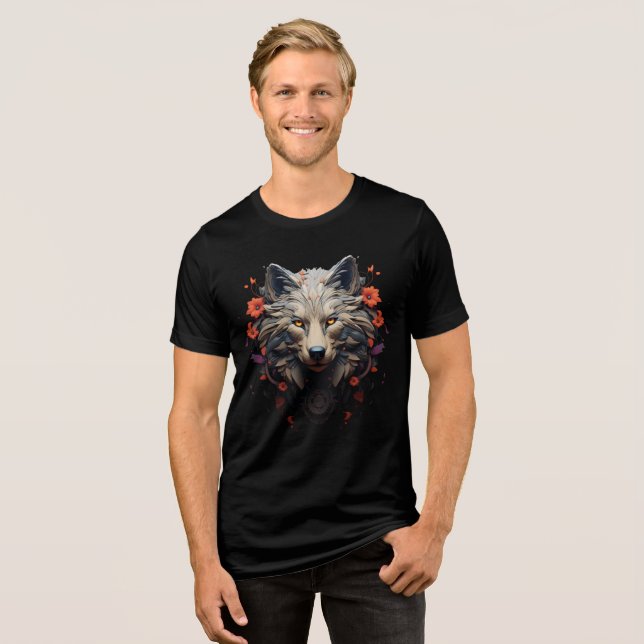 Floral Wolf Face – Bold Tribal Fantasy Art Tri-Blend Shirt (Front Full)