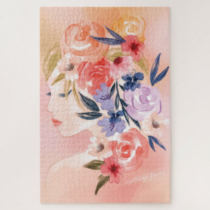 Floral Woman Botanical Watercolor Illustration Jigsaw Puzzle