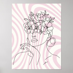 Floral Woman Line Art Wall Poster, Boho Aesthetic Poster