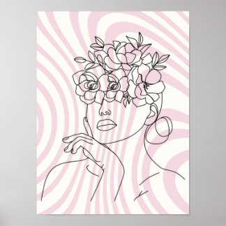 Floral Woman Line Art Wall Poster, Boho Aesthetic Poster
