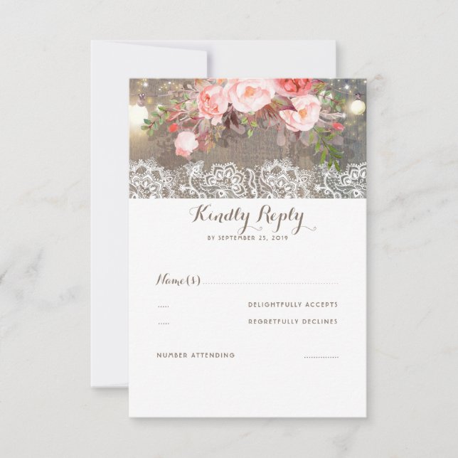 Floral Wood and Lace Wedding RSVP Card (Front)