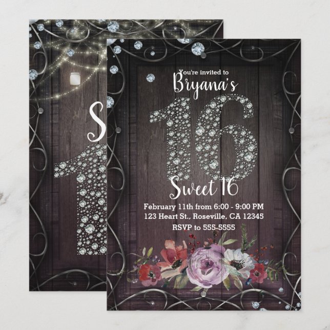 Floral Wood Diamond Bling 16 Birthday Party Photo Invitation (Front/Back)