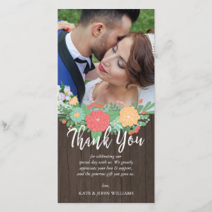 Floral & Wood Grain Wedding Photo Thank You Card