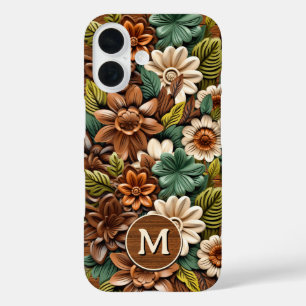 Floral Wood Monogram Personalised iPhone 16 Case