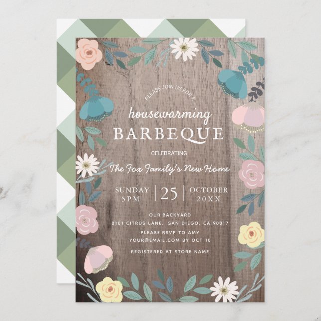 Floral Wood Rustic Housewarming BBQ Invitation (Front/Back)