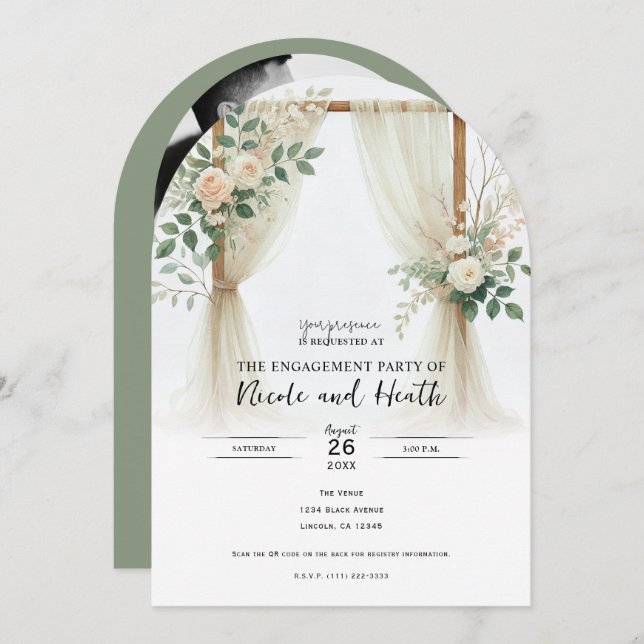 Floral Wooden Arch Greenery Roses Engagement Invitation (Front/Back)