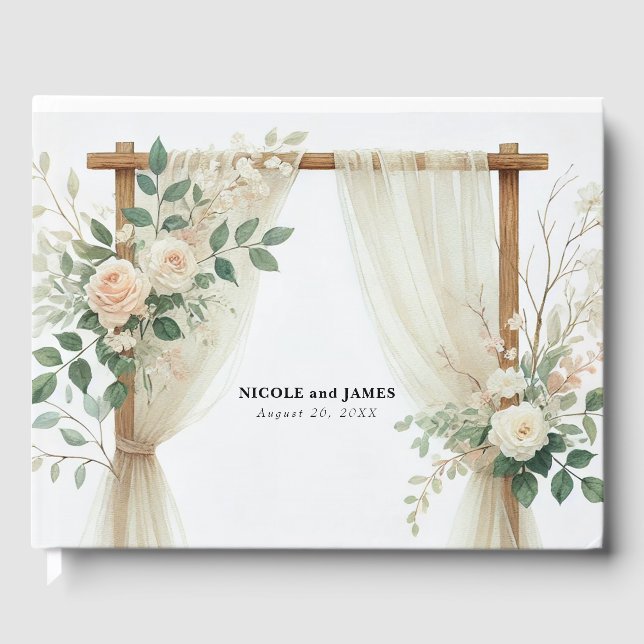 Floral Wooden Arch Greenery Roses Rustic Wedding Guest Book (Front)