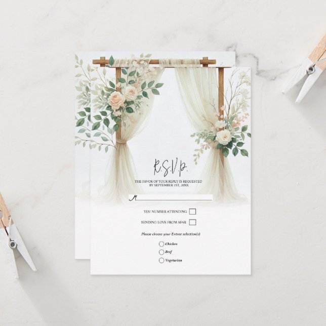 Floral Wooden Arch Greenery Roses Wedding RSVP Invitation (Front/Back In Situ)