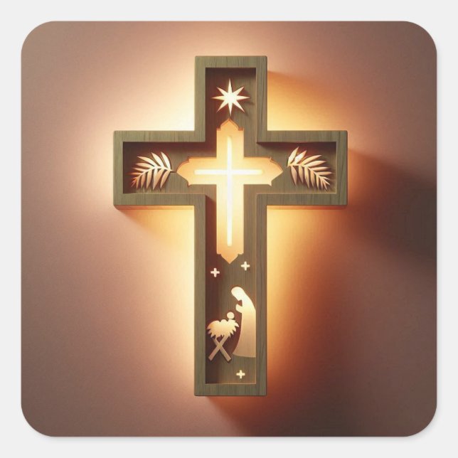 Floral Wooden Cross Night Light – Ai design  Square Sticker (Front)