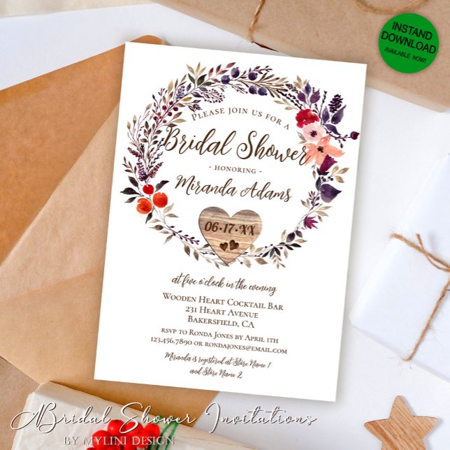 Floral Wooden Heart Rustic Bridal Shower Invitation (Creator Uploaded)