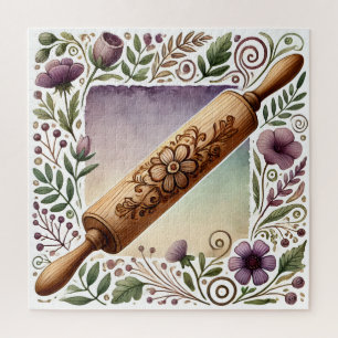 Floral Wooden Rolling Pin Cottagecore Kitchen Art Jigsaw Puzzle