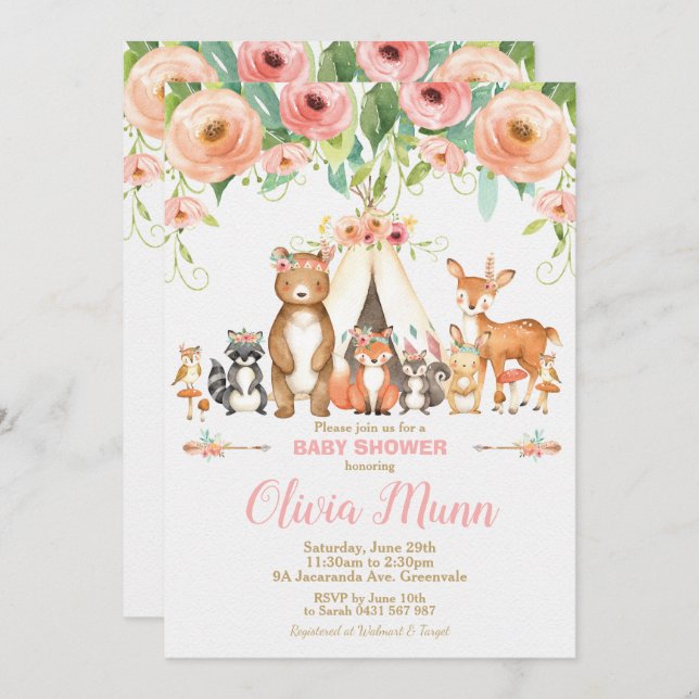 Floral Woodland Animals Baby Shower Forest Girl Invitation (Front/Back)