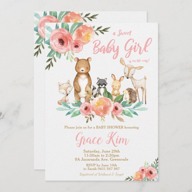 Floral Woodland Animals Baby Shower Forest Girl Invitation (Front/Back)
