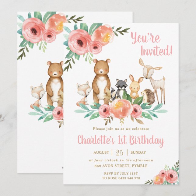 Floral Woodland Animals Birthday Party Forest Girl Invitation (Front/Back)