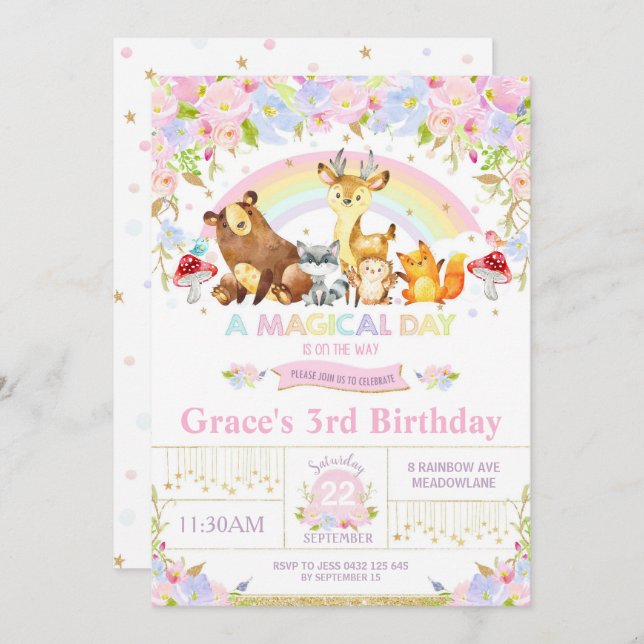 Floral Woodland Animals Birthday Party Invitation (Front/Back)