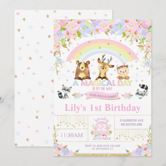 Floral Woodland Animals Birthday Party Invitation (Front/Back)