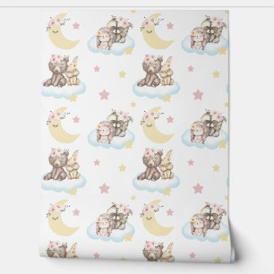 Floral Woodland Animals Clouds Stars Moon Nursery Wallpaper