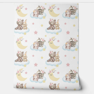 Floral Woodland Animals Clouds Stars Moon Nursery Wallpaper