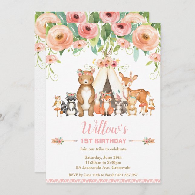 Floral Woodland Animals Forest 1st Birthday Girl Invitation (Front/Back)