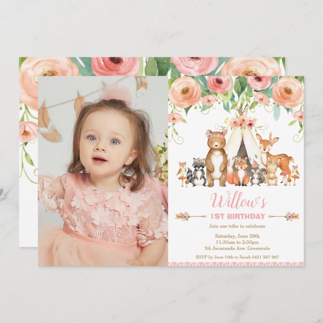 Floral Woodland Animals Forest 1st Birthday Photo Invitation (Front/Back)