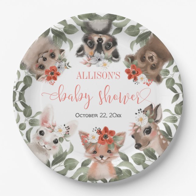 Floral woodland animals forest friends baby shower paper plate (Front)