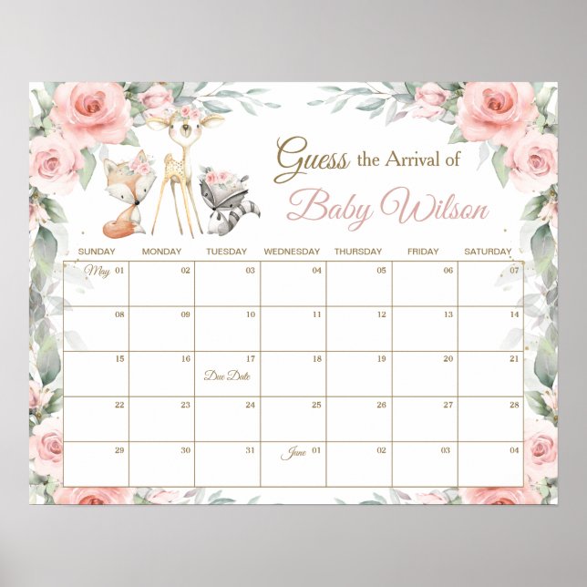 Floral Woodland Animals Guess Baby's Due Date Game Poster (Front)