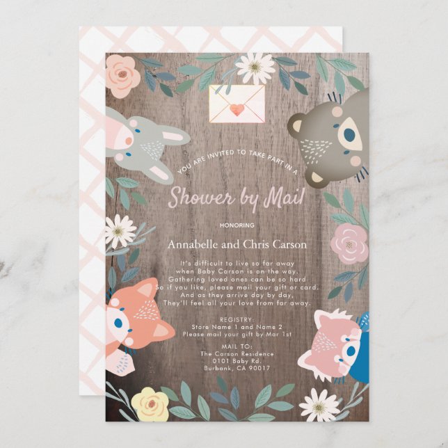 Floral Woodland Animals Pink Baby Shower By Mail Invitation (Front/Back)
