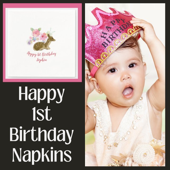 Floral Woodland Girl's 1st Birthday Napkin (Creator Uploaded)