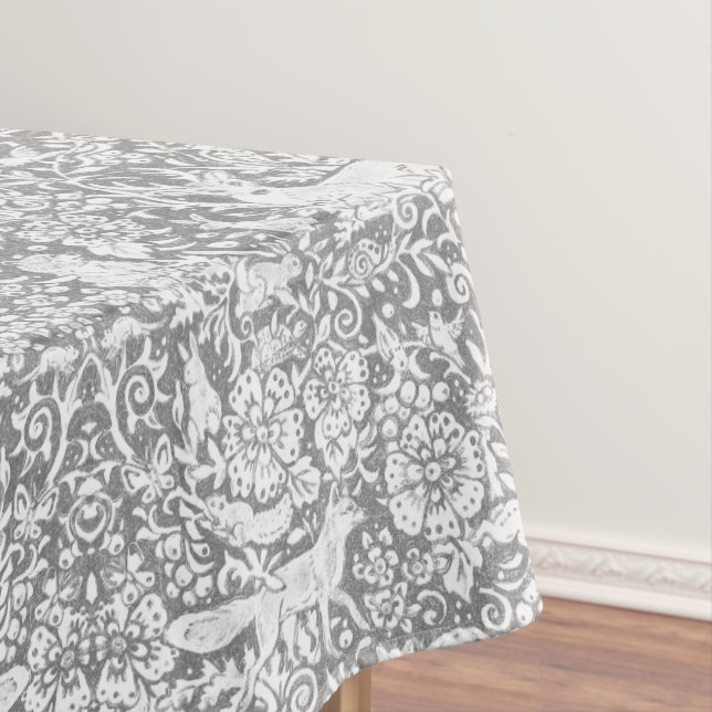 Floral Woodland Grey White Forest Animal Pattern Tablecloth (In Situ)