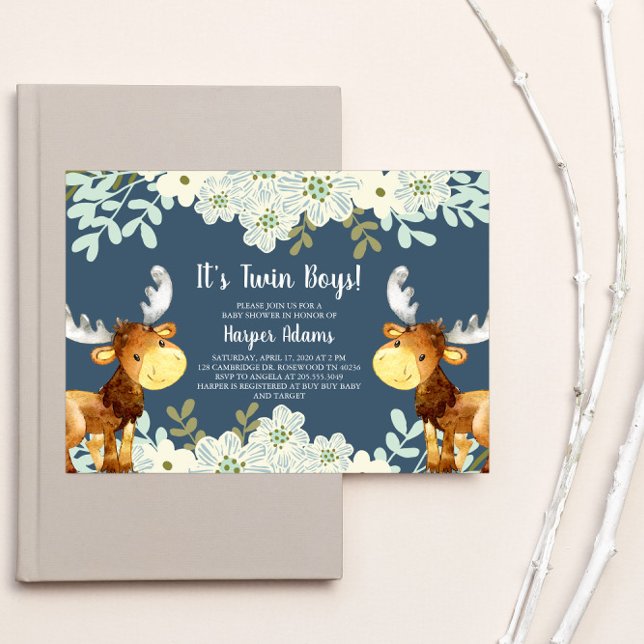 Floral Woodland Moose Twin Boys Baby Shower Invitation (Creator Uploaded)
