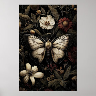 Floral Woodland Moth Butterfly Print, Dark Poster