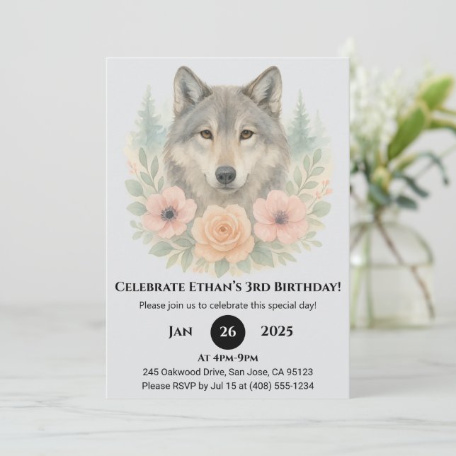 Floral Woodland Wolf Birthday Invitation (Standing Front)