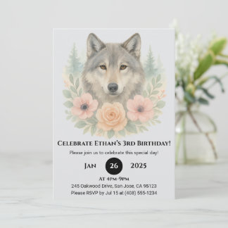 Floral Woodland Wolf Birthday Invitation