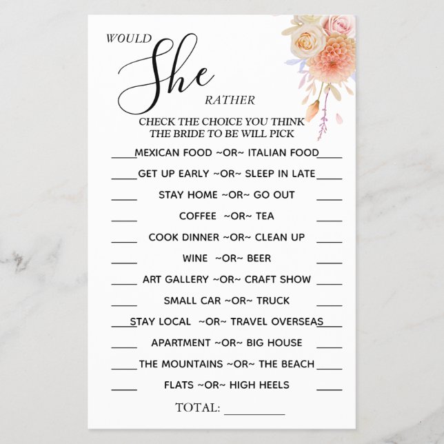 Floral Would She Rather shower game card (Front)