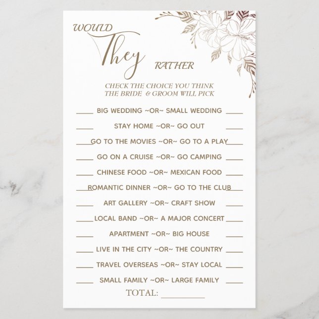 Floral Would They Rather shower game card Flyer (Front)