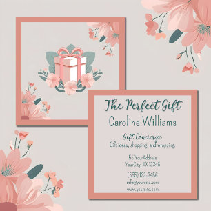 Floral wrapped gift pink green square business card