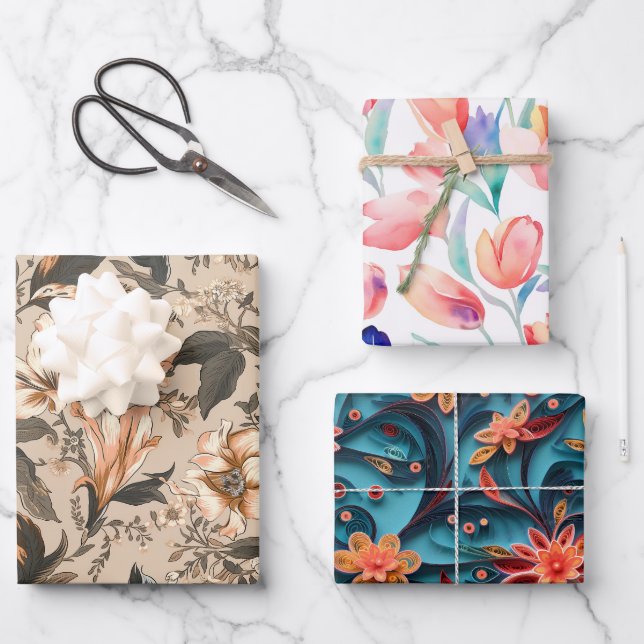 Floral Wrapping Paper Flat Sheet Set of 3 (Front)