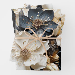 Floral Wrapping Paper Gold Blue White