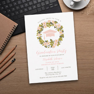 Floral Wreath and Cap Graduation Invitation