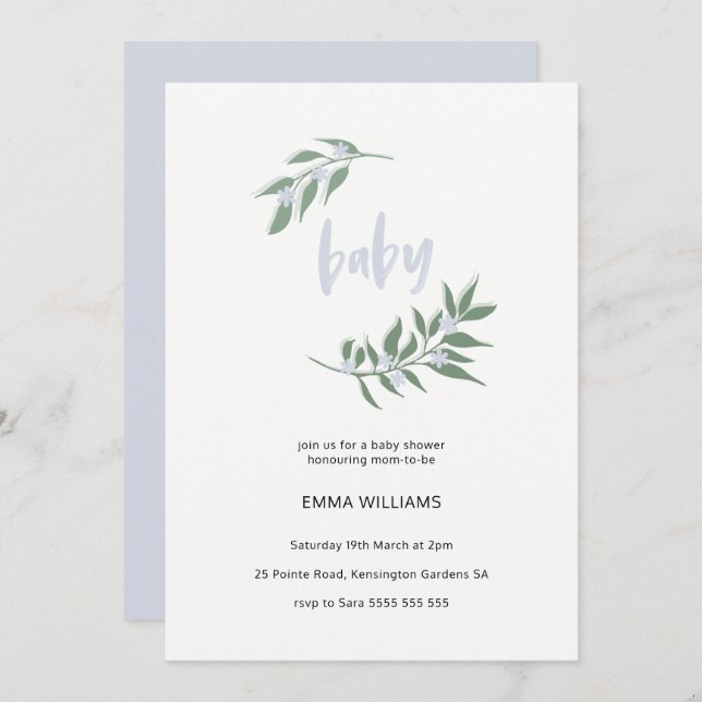 Floral Wreath Baby Shower Invitation | Blue (Front/Back)