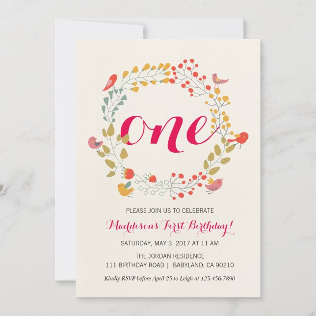 Floral Wreath Baby's First Birthday invitation (Front)